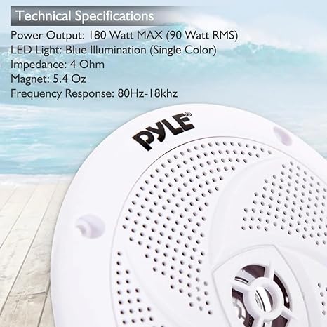 Pyle Marine Speakers – 5.25" 2-Way Waterproof & Weather-Resistant Outdoor Audio System with LED Lights, 180W – 1 Pair (PLMRS53WL)