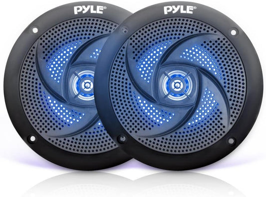 Pyle Marine Speakers PLMRS43BL - 4 Inch 2 Way Waterproof and Weather Resistant Outdoor Audio Stereo Sound System with LED Lights,100 Watt Power and Low Profile Slim Style