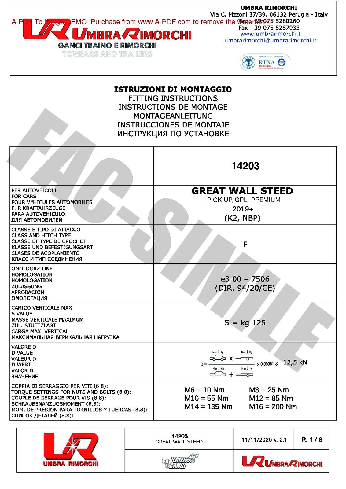 GWM P Series GreatWall Cannon 2021 2022 2023 Tow Bar Fixed Towbar + 12N Wiring