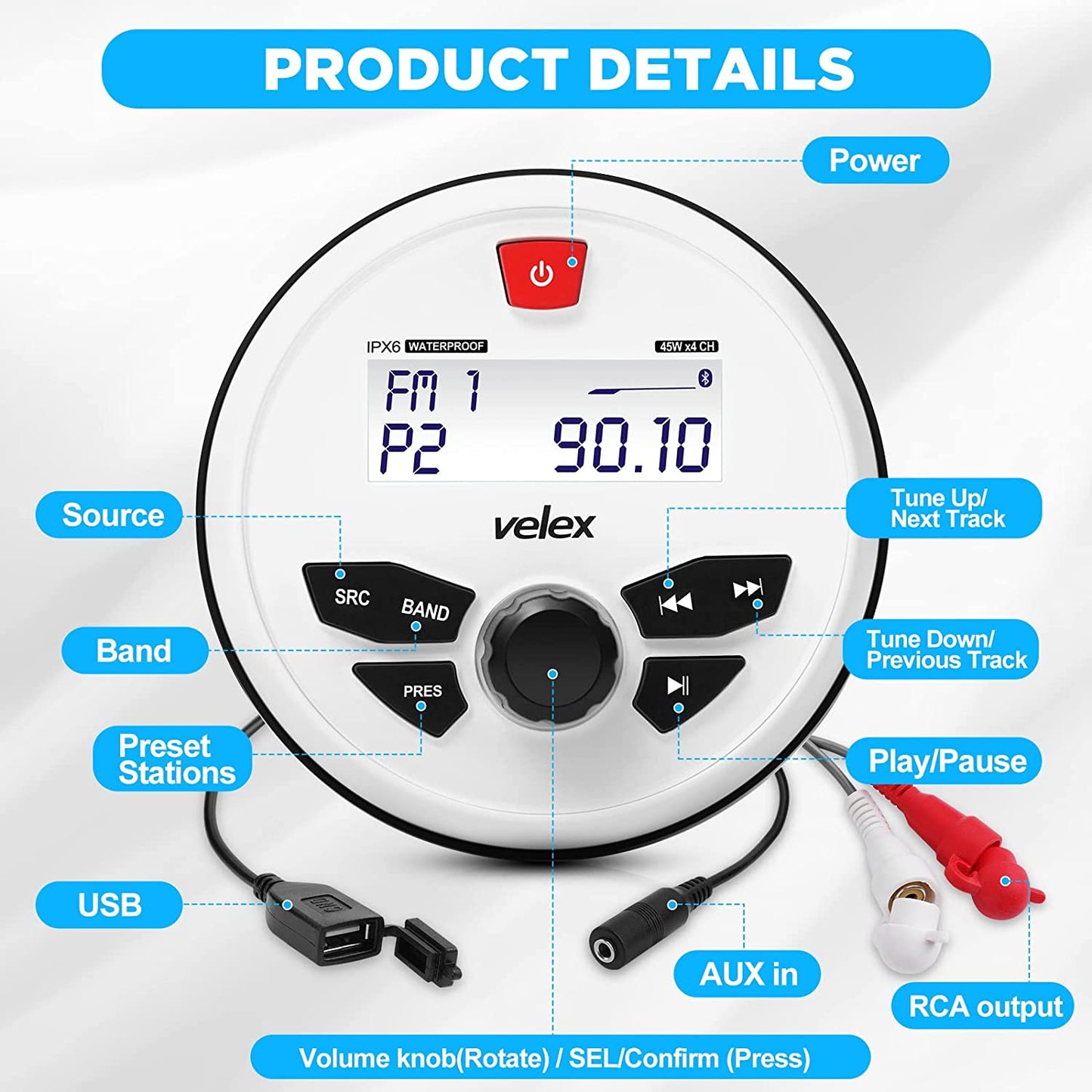 Velex Bluetooth Marine Stereo Receiver with MP3 Player on DAB+/AM/FM Radio and USB for Streaming Music on Boats Golf Carts ATV UTV