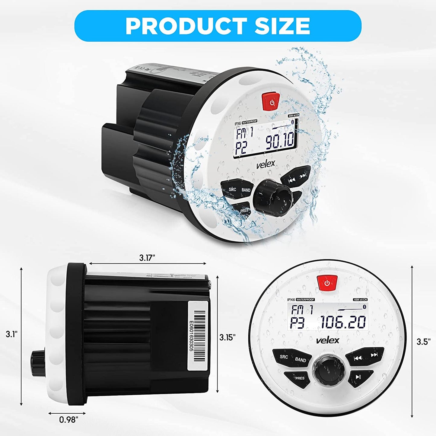 Velex Bluetooth Marine Stereo Receiver with MP3 Player on DAB+/AM/FM Radio and USB for Streaming Music on Boats Golf Carts ATV UTV