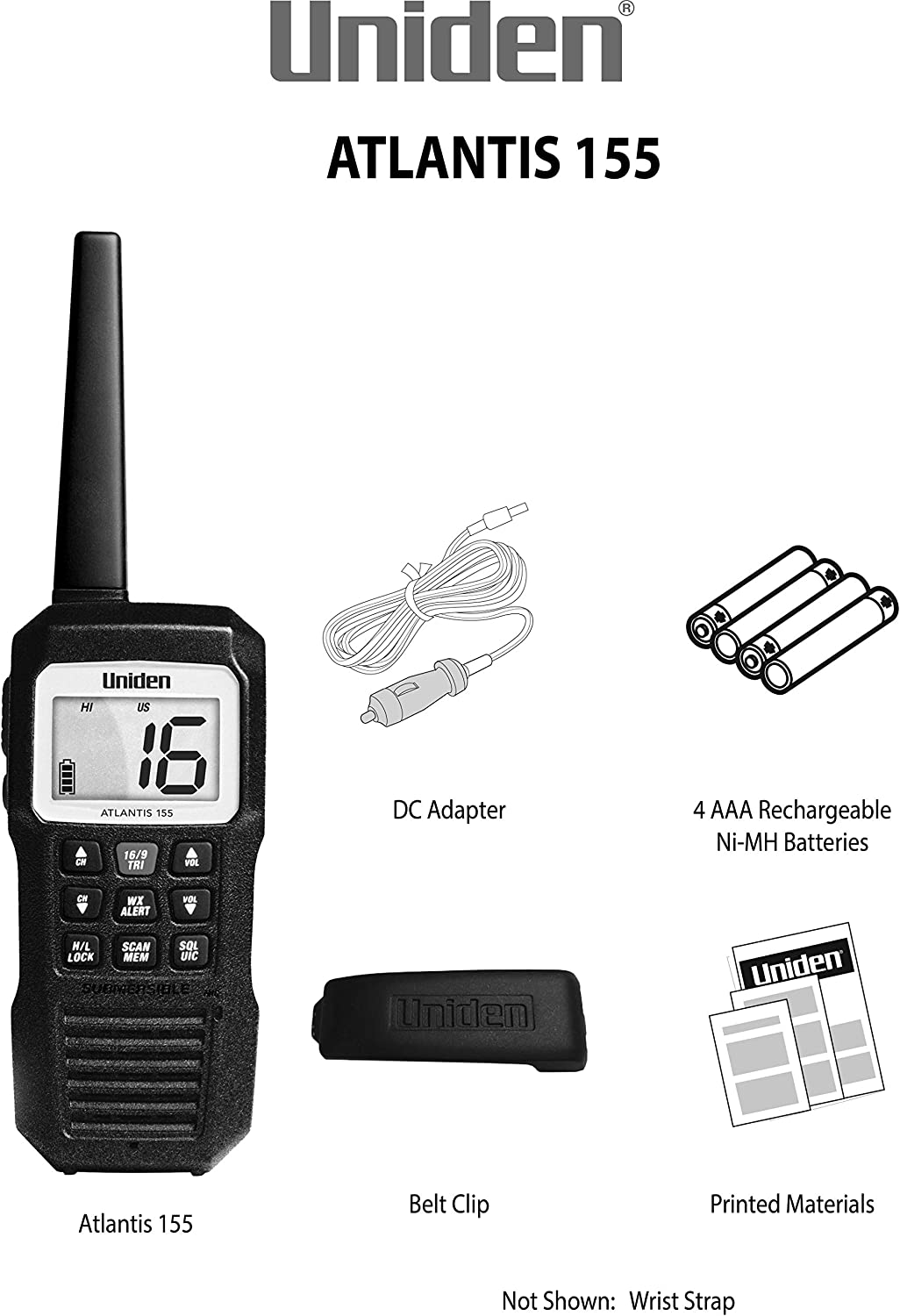 Uniden Atlantis 155 Handheld Two-Way VHF Marine Radio, Floating IPX7 Submersible Waterproof, Marine Channels, NOAA Weather Alert, 10 Hour Battery