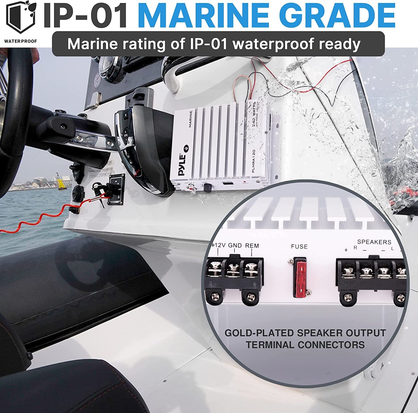 Pyle PLMRA120 2-Channel 240W Waterproof Marine Boat Amplifier – 12V Speaker Amp for Superior Audio Performance