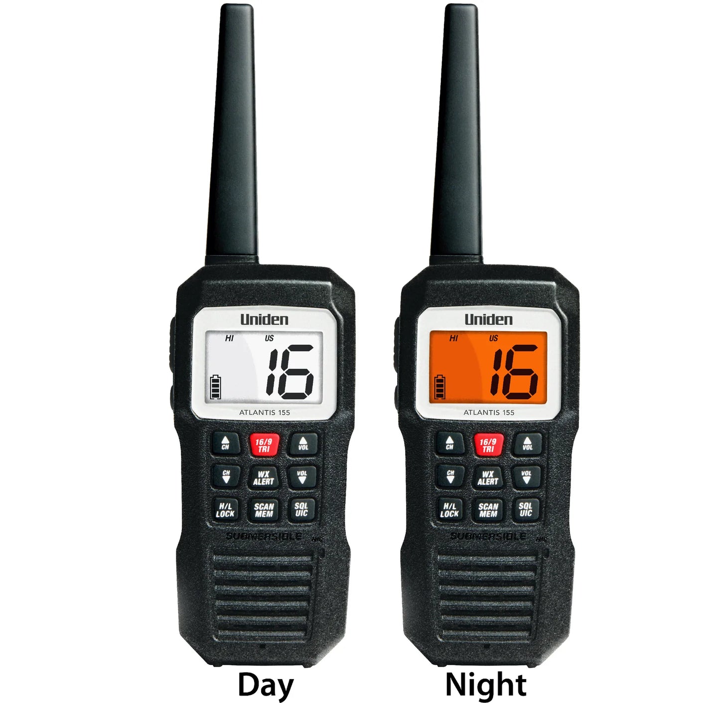 Uniden Atlantis 155 Handheld Two-Way VHF Marine Radio, Floating IPX7 Submersible Waterproof, Marine Channels, NOAA Weather Alert, 10 Hour Battery