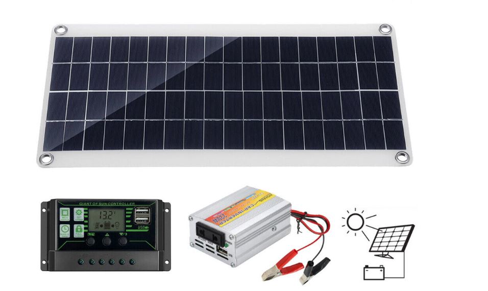 Solar Panel Kit – Includes 60A Solar Controller and 220W Power Inverter for Complete Solar Power Solution
