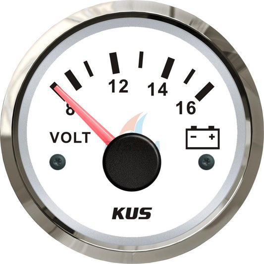 KUS Voltmeter | 8-16V Battery Gauge for Boat, Car, Truck, Marine (White)