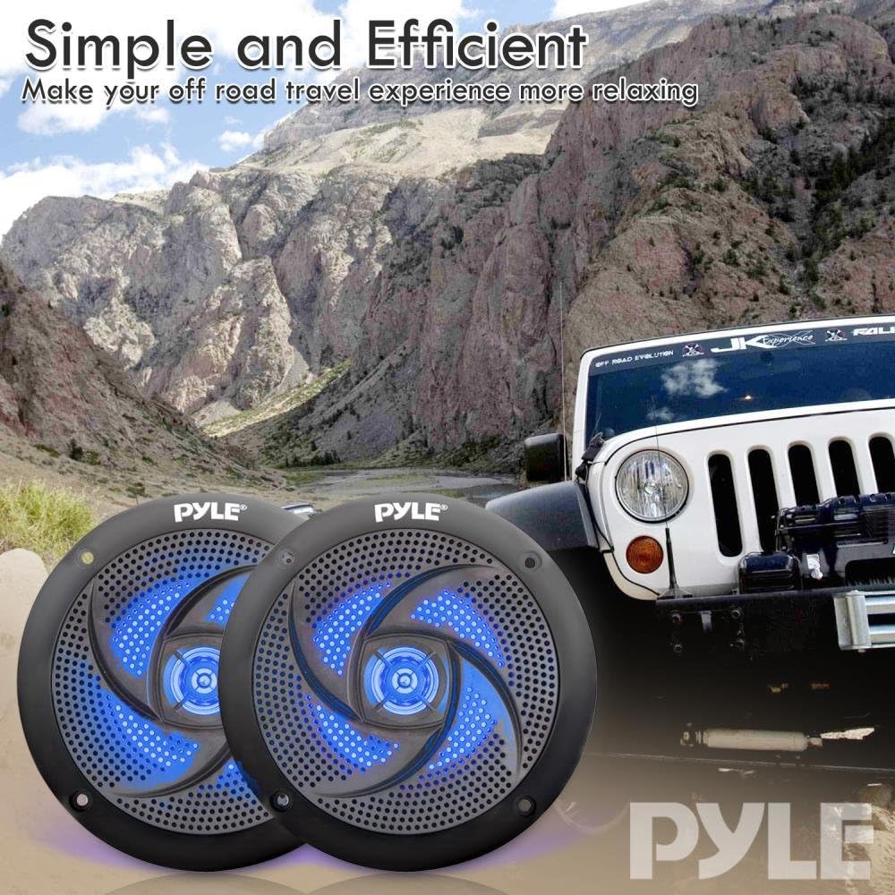 Pyle Marine Speakers - 4 Inch 2 Way Waterproof and Weather Resistant Outdoor Audio Stereo Sound System with LED Lights,100 Watt Power and Low Profile Slim Style