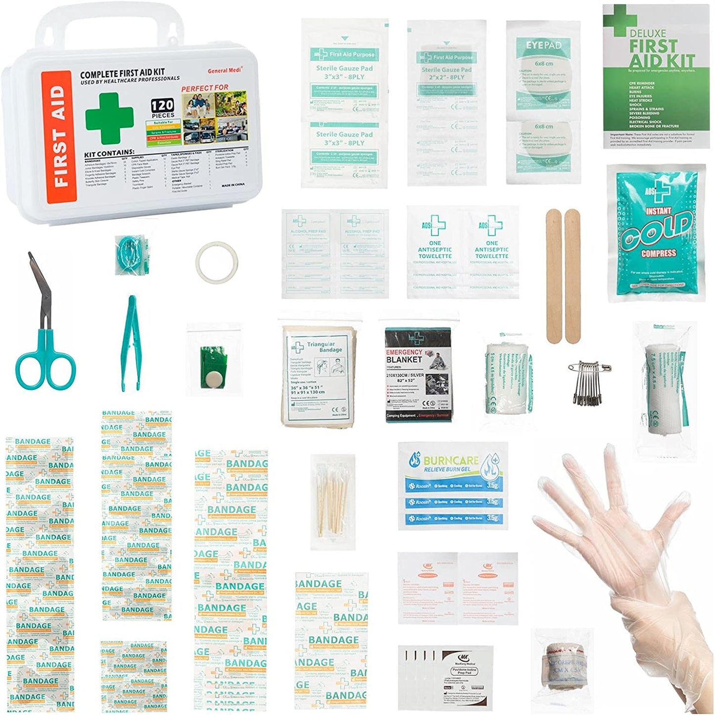 120 Pieces Hardcase First Aid Kit - Includes Instant Cold Pack, Emergency Blanket for Travel, Home, Office, Vehicle, Camping, Workplace & Outdoor