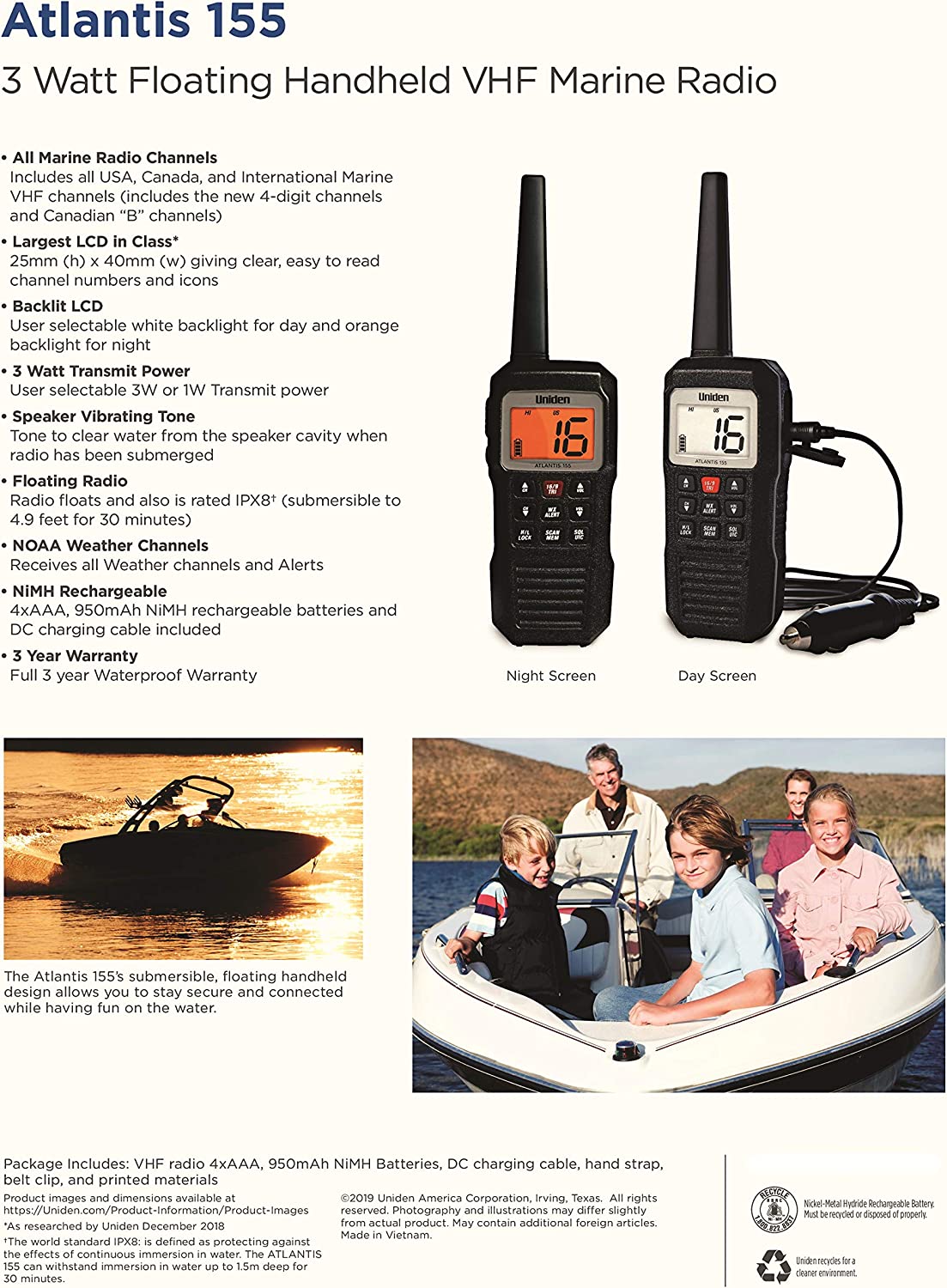 Uniden Atlantis 155 Handheld Two-Way VHF Marine Radio, Floating IPX7 Submersible Waterproof, Marine Channels, NOAA Weather Alert, 10 Hour Battery