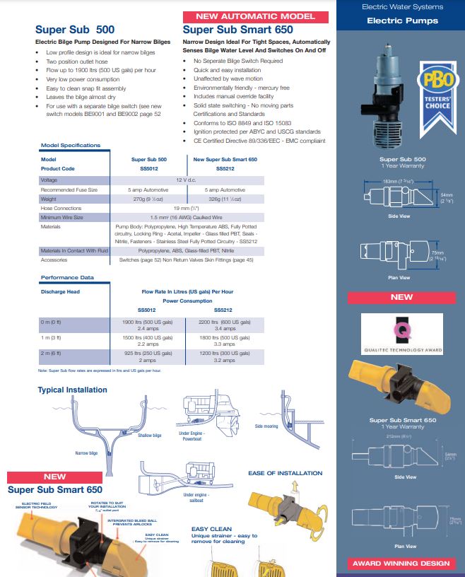 Whale Automatische elektrische Bilgenpumpe Supersub Smart 650 - 12V - 40  L/min WHSS5212 - Comptoir Nautique